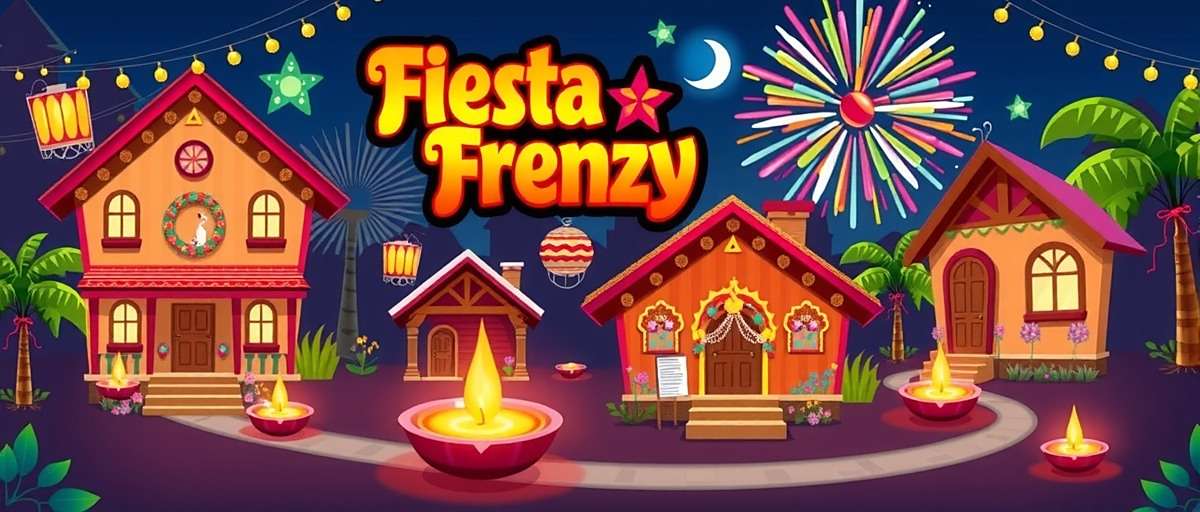 Fiesta Frenzy - Diwali Celebration Gameplay Fiesta Frenzy gameplay showing Diwali celebration with decorated homes, diyas and fireworks