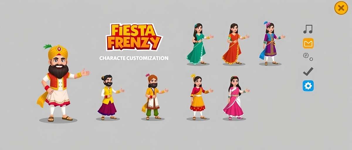 Fiesta Frenzy - Character Customization with Traditional Attire Fiesta Frenzy character customization screen showing various traditional Indian outfits from different regions